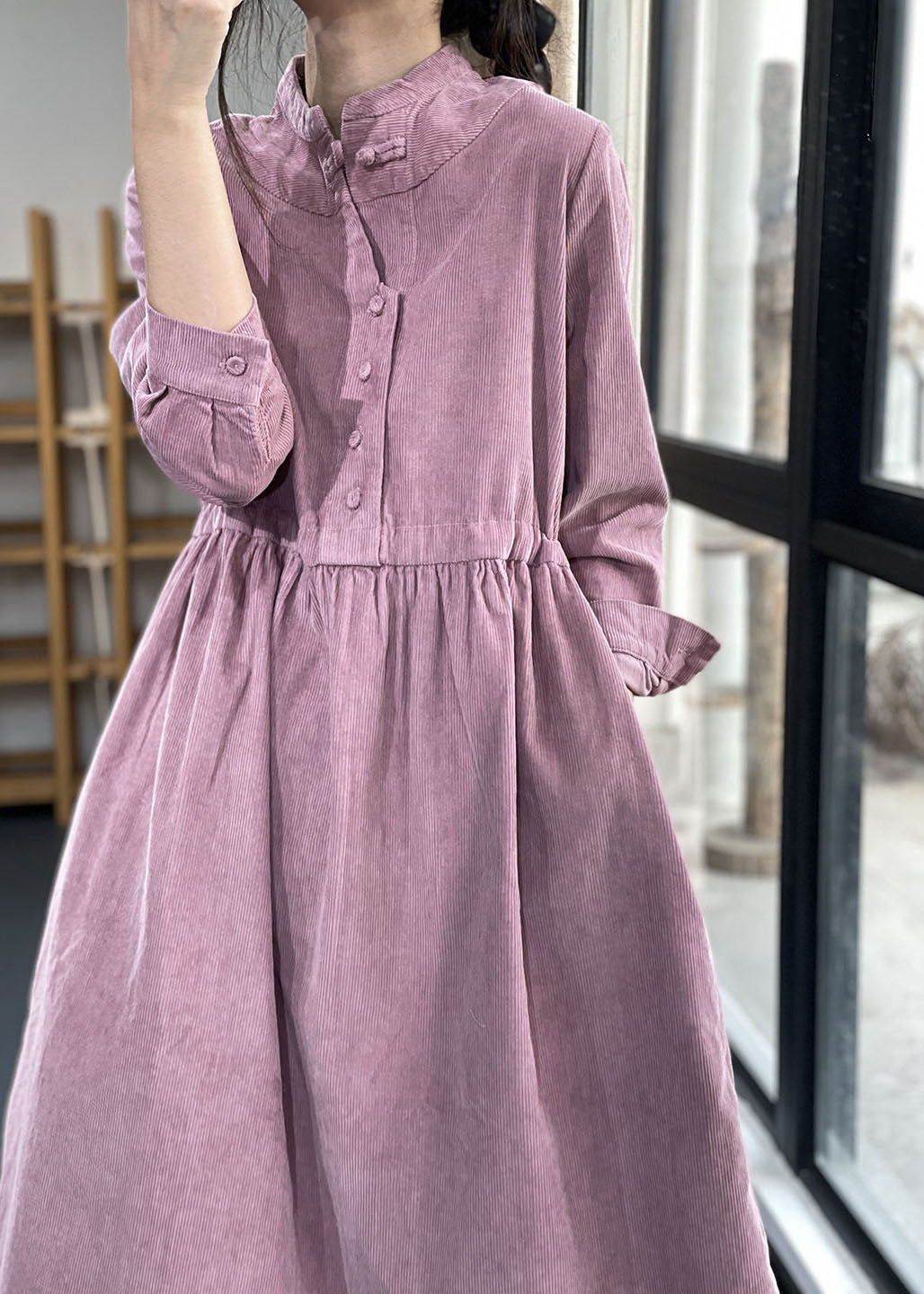 Blue Button Pockets Corduroy Dresses Winter