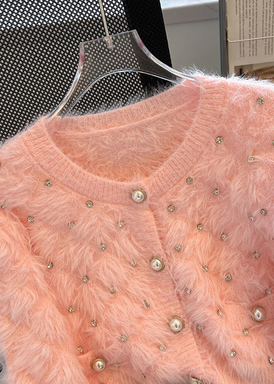 Pink Cozy Fuzzy Fur Fluffy Cardigan Zircon Spring