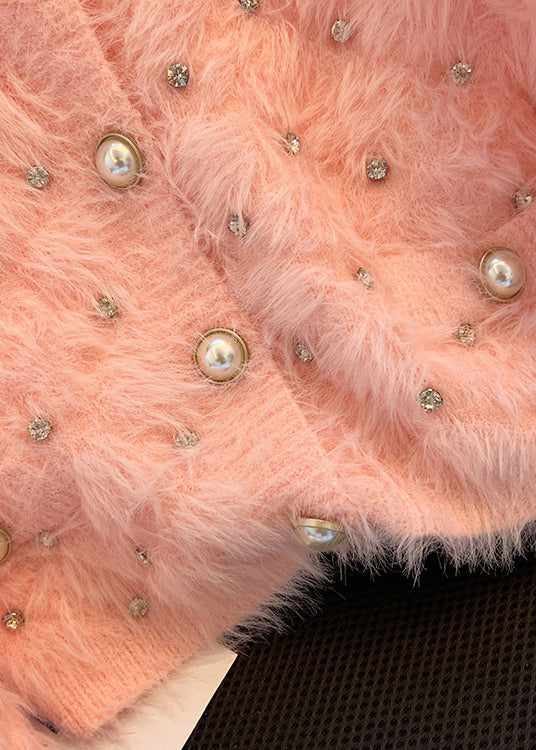 Pink Cozy Fuzzy Fur Fluffy Cardigan Zircon Spring