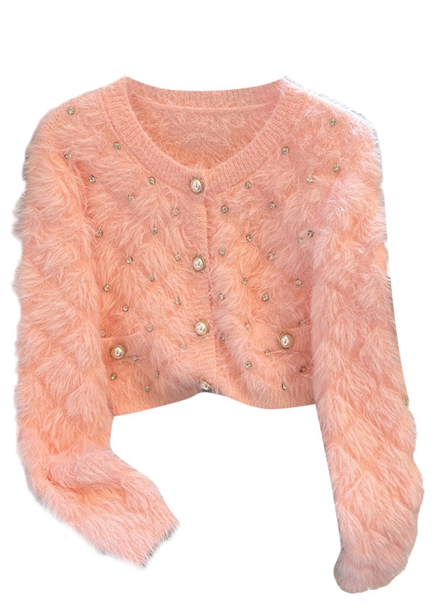 Pink Cozy Fuzzy Fur Fluffy Cardigan Zircon Spring