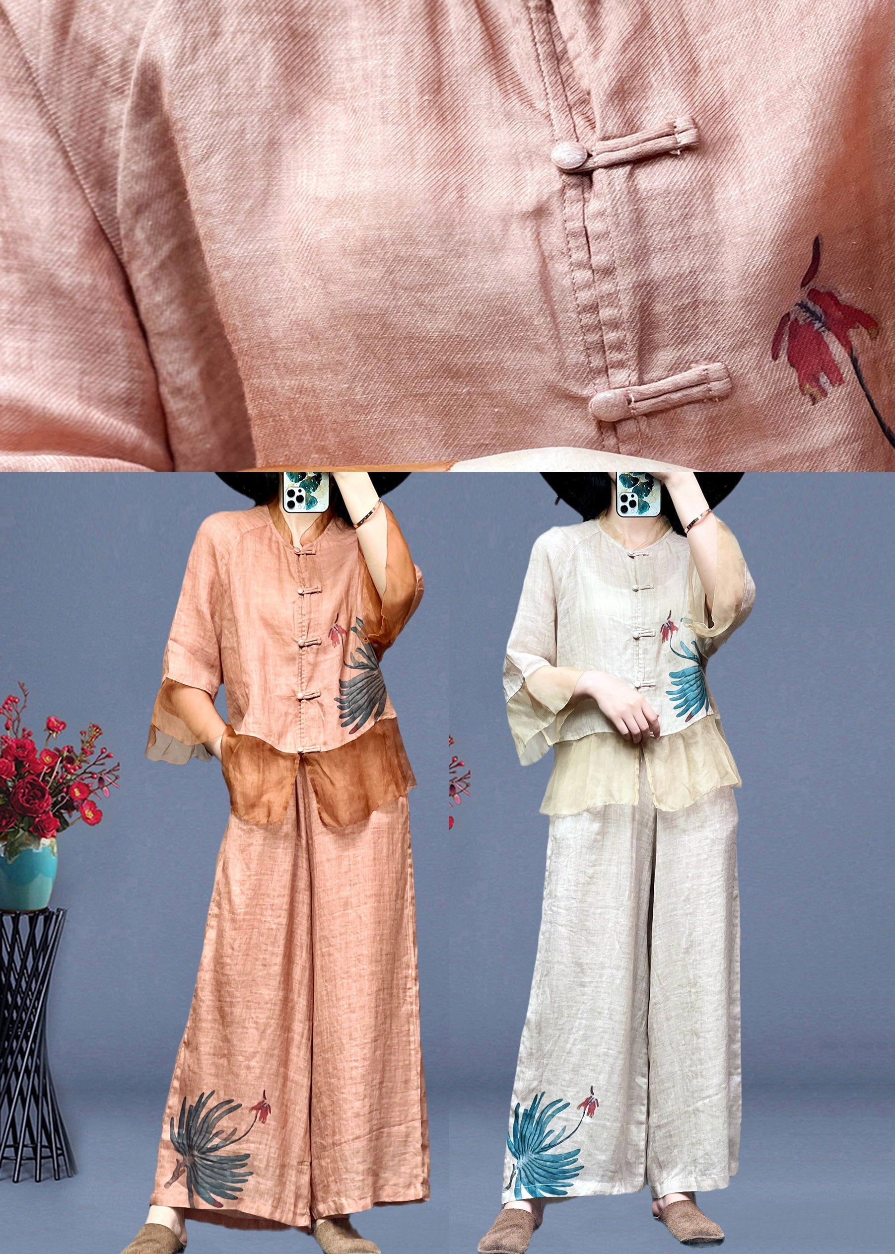 Pink Embroideried Button Linen Shirts And Wide Leg Pants Linen Summer