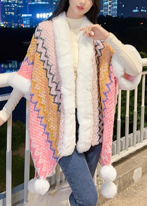 Pink Fuzzy Ball Patchwork Knit Cape Coats V Neck Half Sleeve