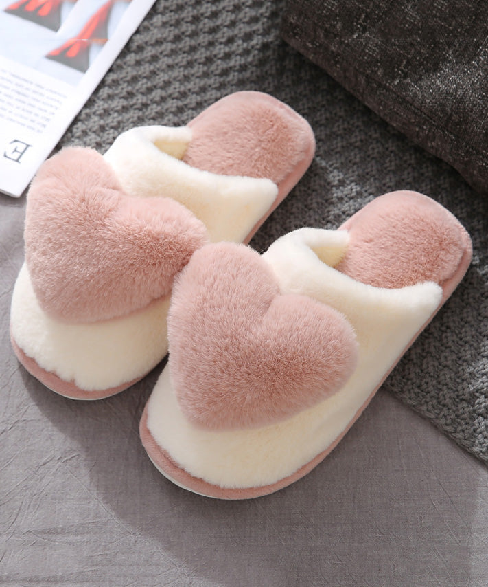 Pink Fuzzy Wool Lined Slippers Shoes Cute Splicing Heart