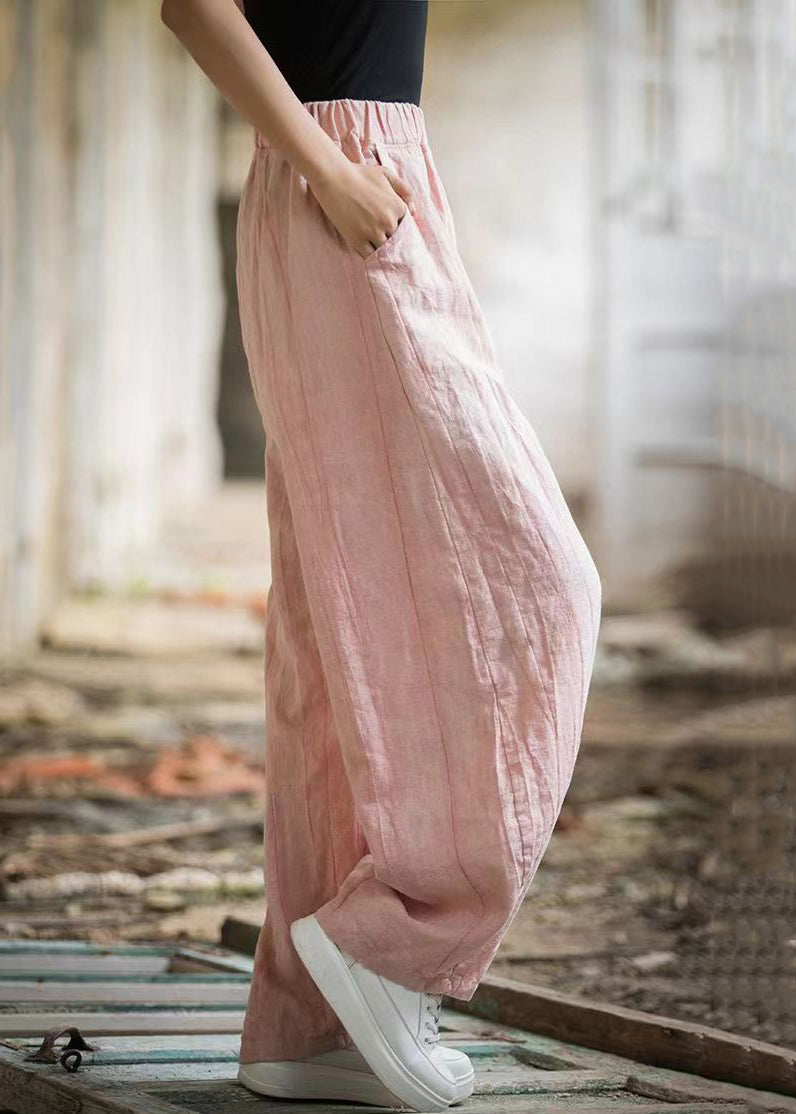 Pink High Waist Linen Wide Leg Pants Pockets