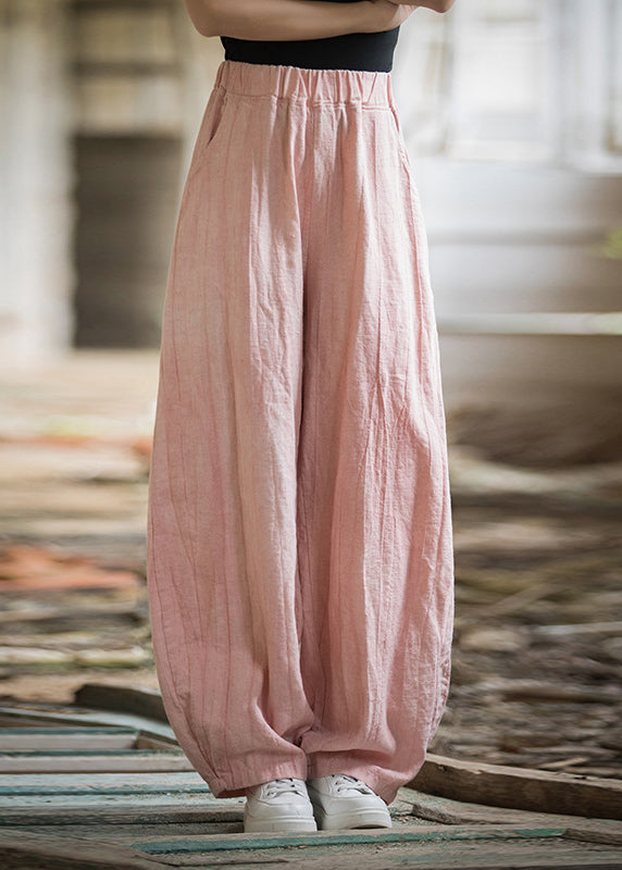 Pink High Waist Linen Wide Leg Pants Pockets