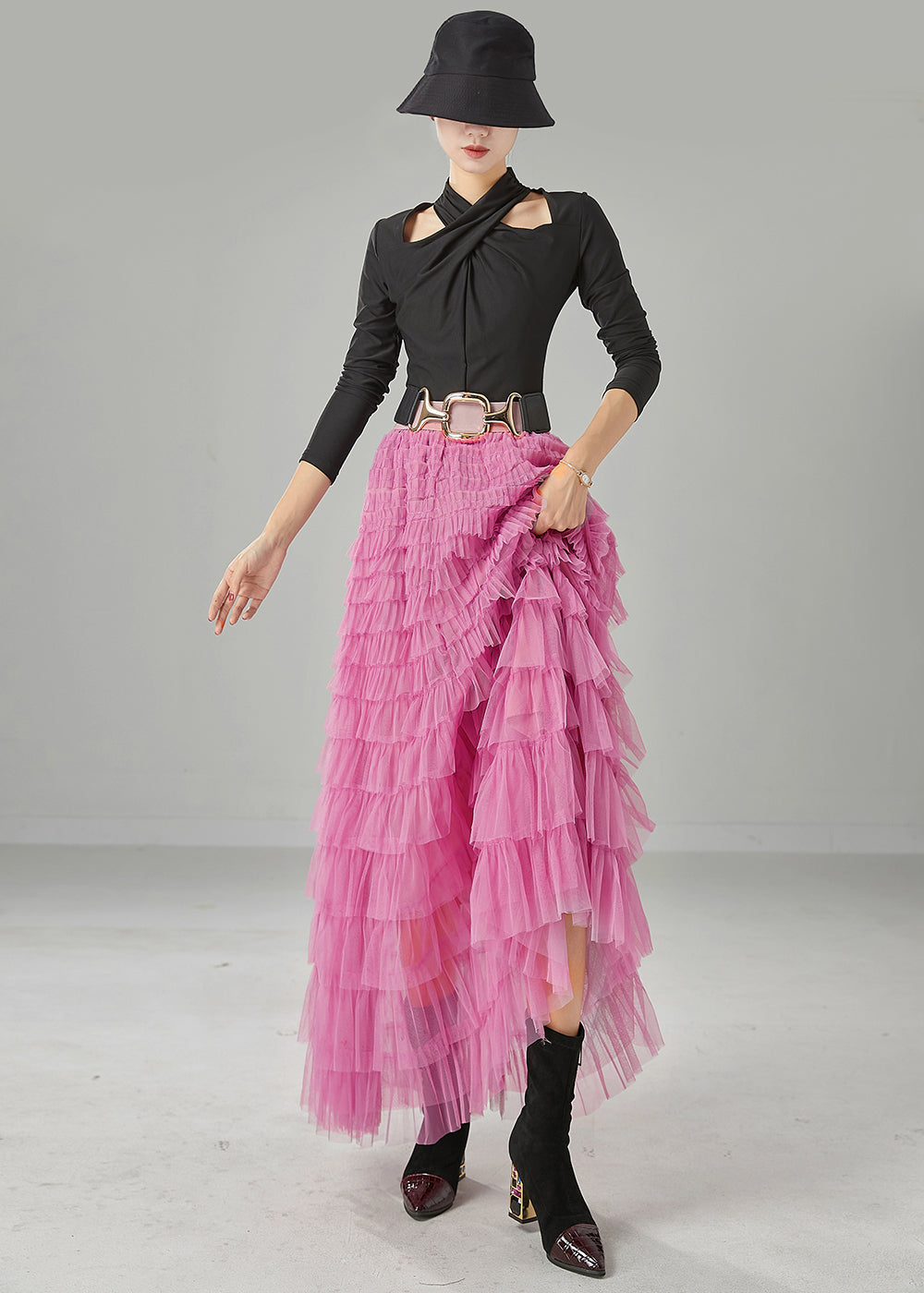 Pink Layered Tulle Beach Skirts High Waist Summer