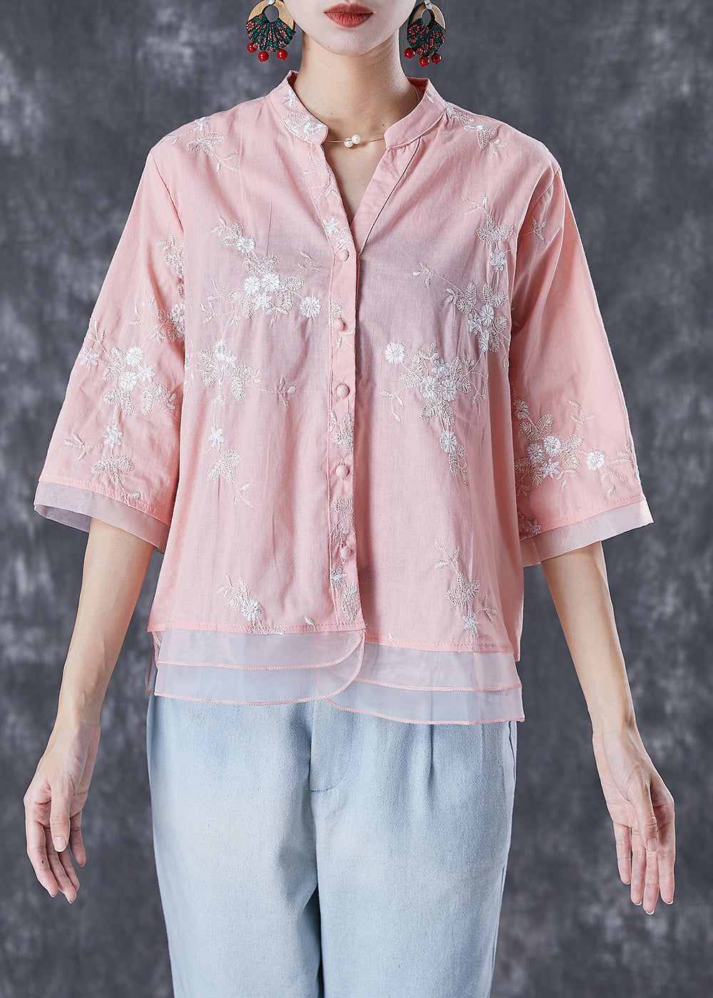 Pink Patchwork Organza Linen Shirts V Neck Embroideried Summer