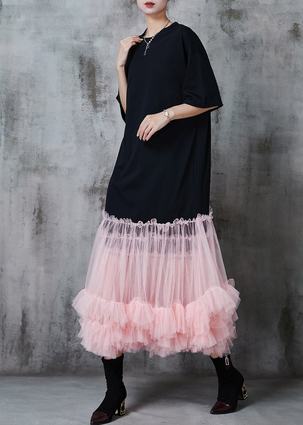 Pink Patchwork Tulle Cotton Long Dress Oversized Summer