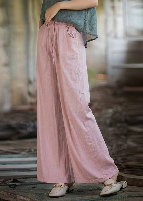 Pink Pockets Linen Wide Leg Pants Elastic Waist