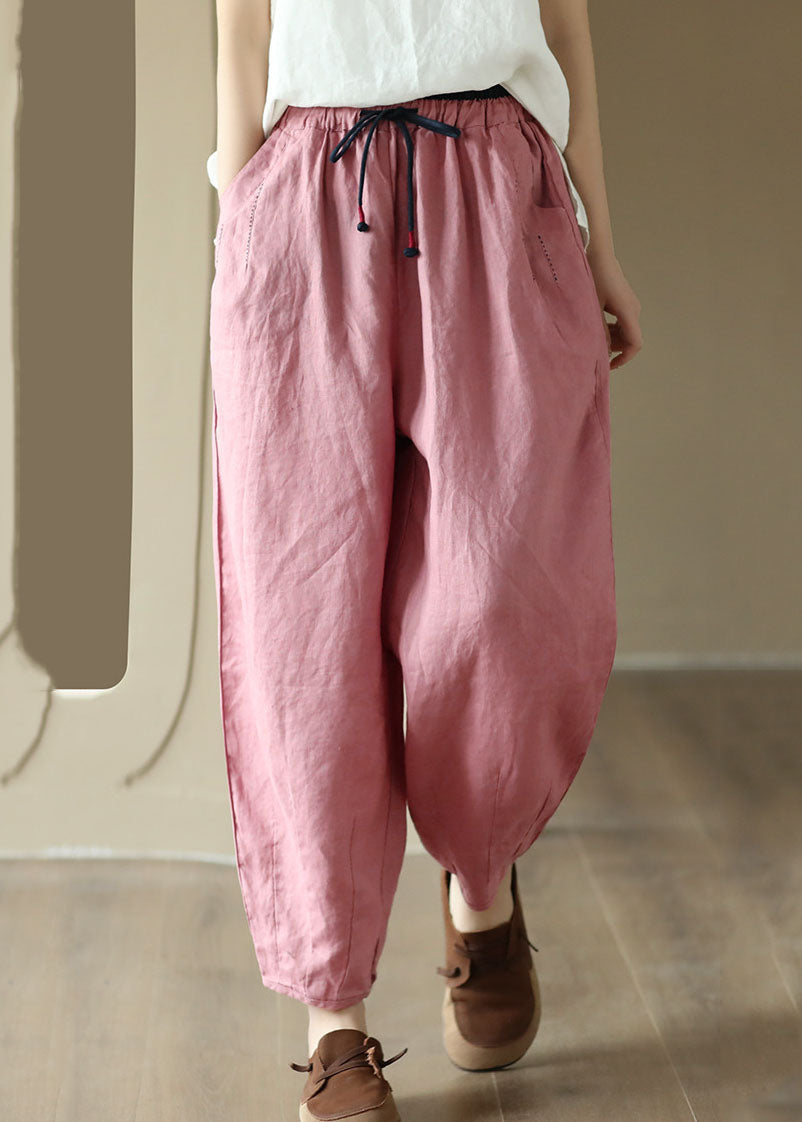 Pink Pockets Patchwork Drawstring Linen Harem Pants Summer