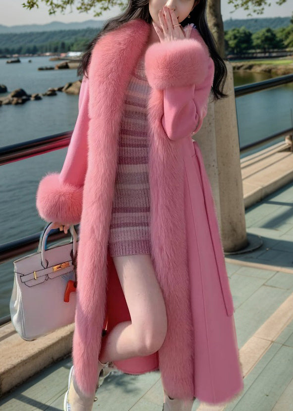 Pink Pockets Woolen Maxi Coat Fox Collar Long Sleeve