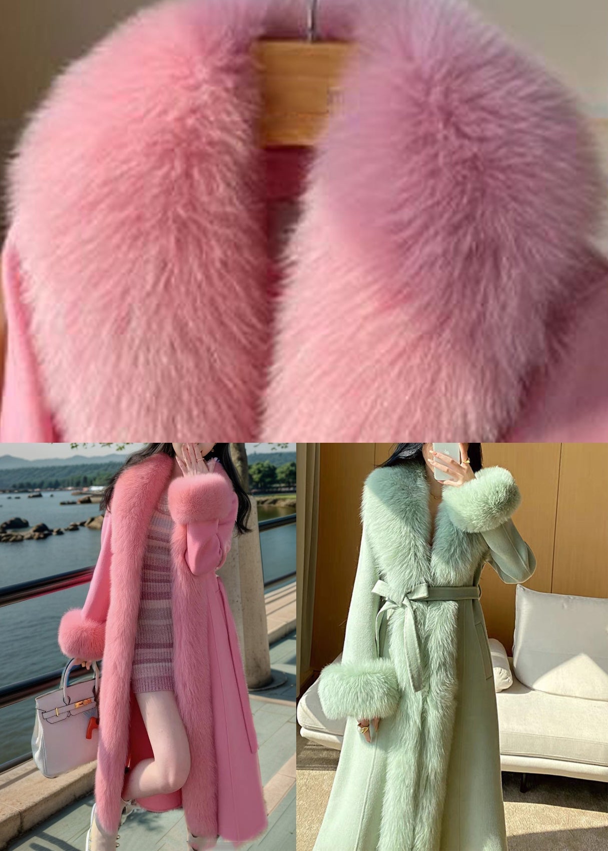 Pink Pockets Woolen Maxi Coat Fox Collar Long Sleeve