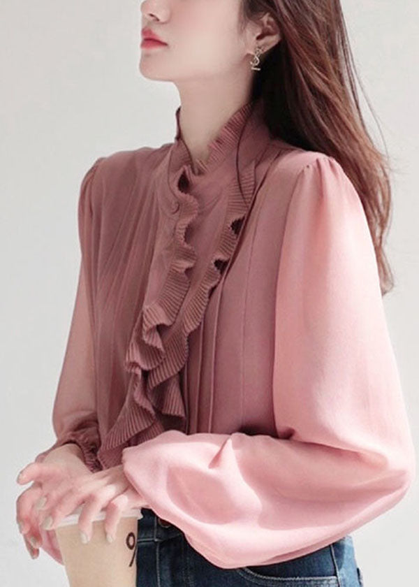 Pink Silk Shirt Top Stand Collar Cinched Spring