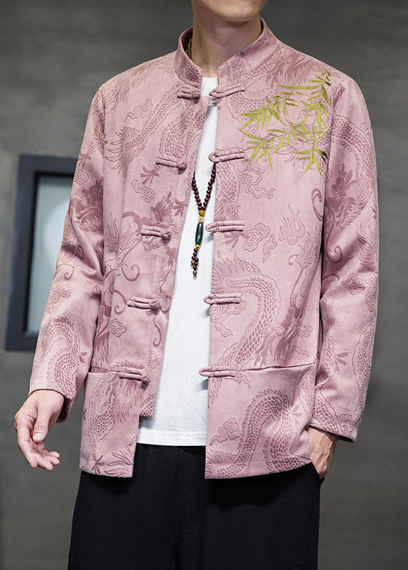 Pink Stand Collar Button Mens Coats Long Sleeve