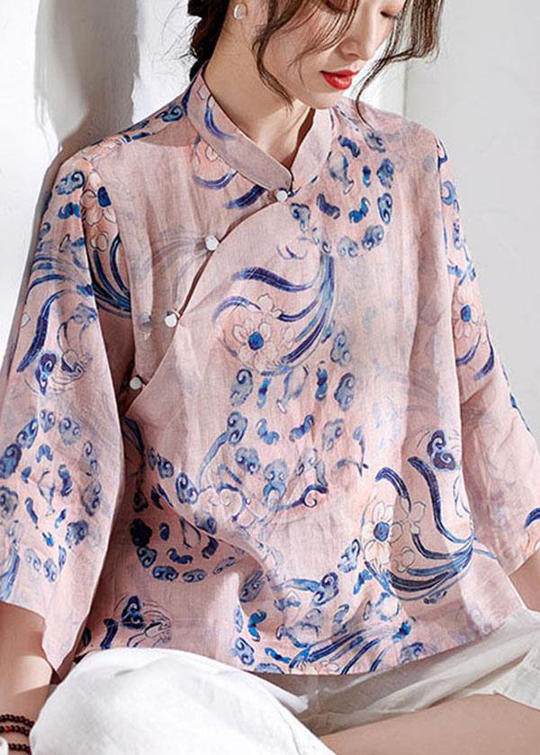 Pink Stand Collar Print Button Summer Ramie Top