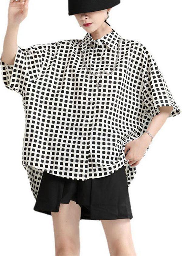 Plaid Peter Pan Collar Button Asymmetrical Design Summer Cotton Blouses