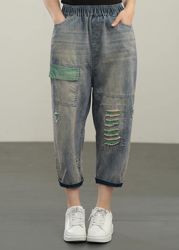 Plus Size  Blue Elastic Waist Hole Denim  Pants Summer