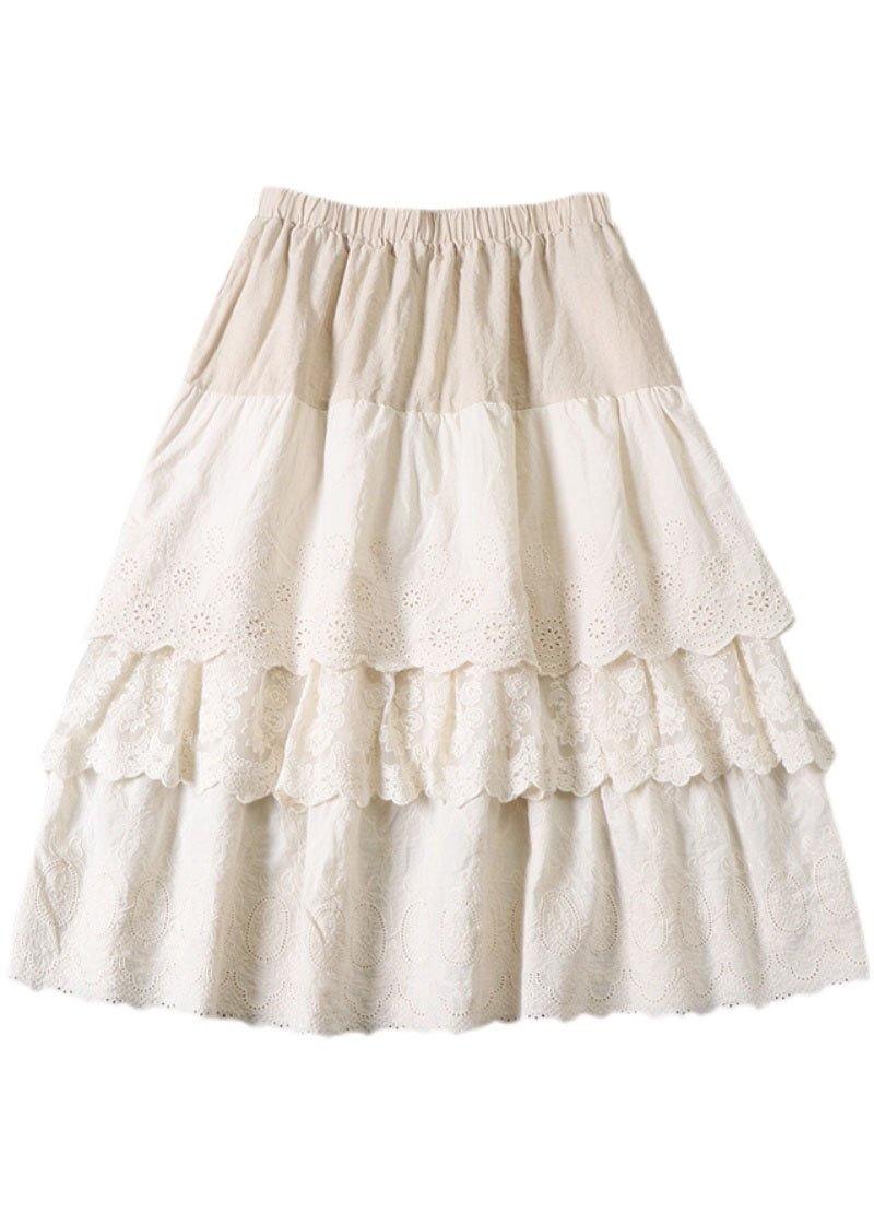 Plus Size Beige Embroideried Wrinkled Patchwork Fall Tiered Skirts