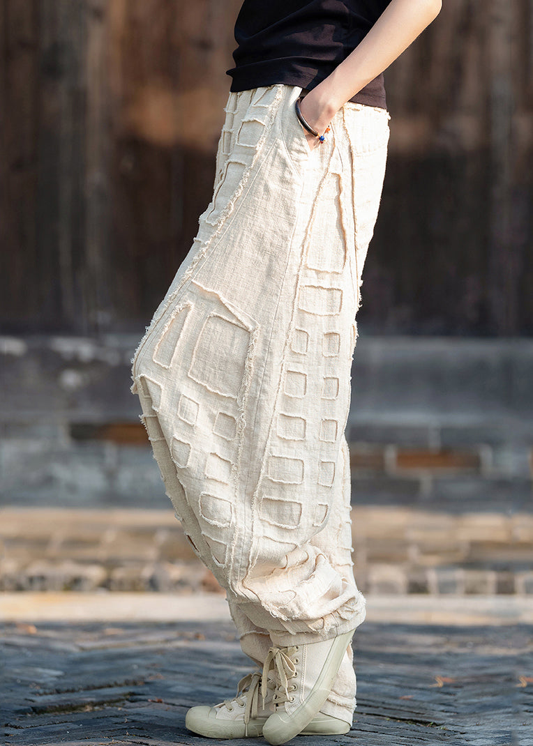 Plus Size Beige Pockets Patchwork Linen Lantern Pants Spring