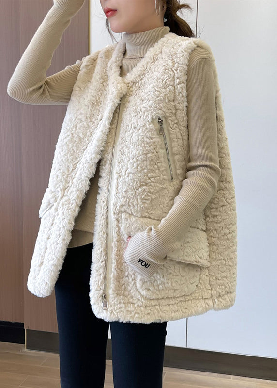 Plus Size Beige Zip Up Patchwork Faux Fur Teddy Vests Winter