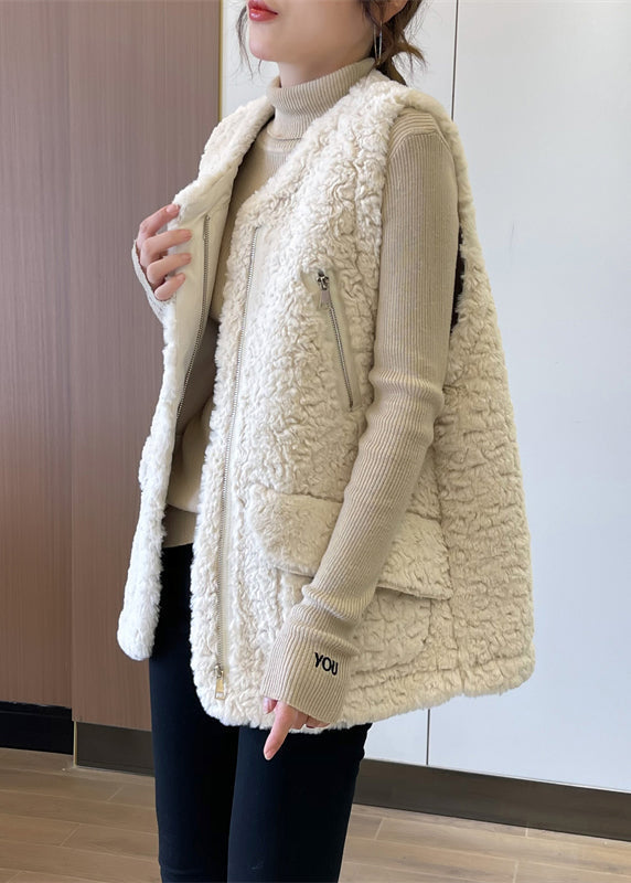 Plus Size Beige Zip Up Patchwork Faux Fur Teddy Vests Winter