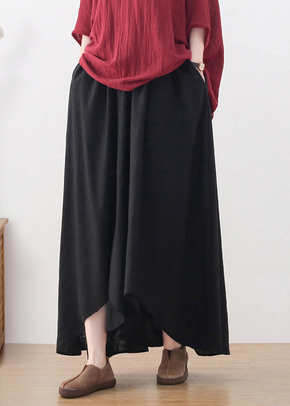 Plus Size Black Elastic Waist Pockets Linen Wide Leg Pants Skirt Fall