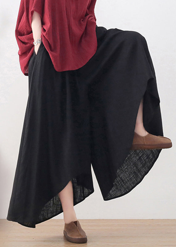 Plus Size Black Elastic Waist Pockets Linen Wide Leg Pants Skirt Fall