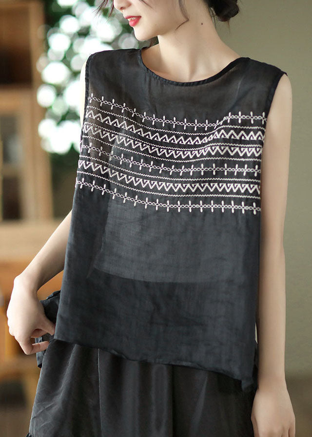 Plus Size Black Embroideried Linen Tank Tops Sleeveless