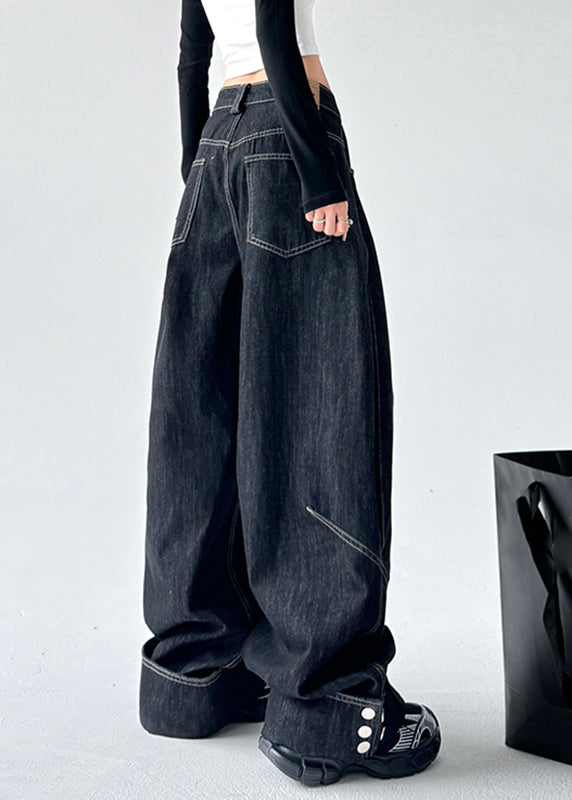 Plus Size Black High Waist Patchwork Straight Denim Pants Spring