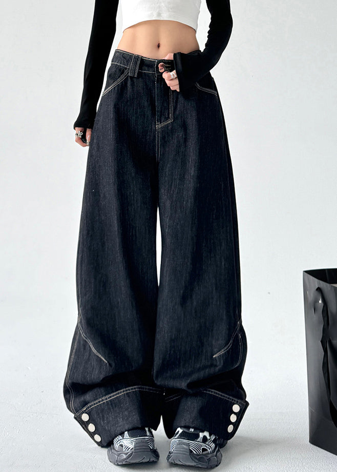 Plus Size Black High Waist Patchwork Straight Denim Pants Spring