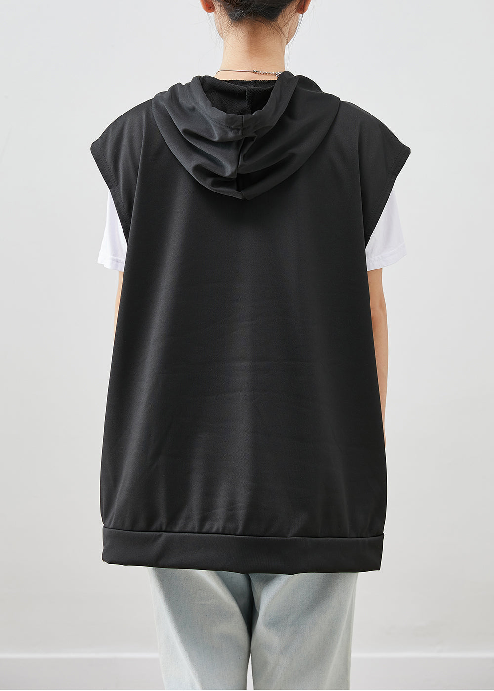 Plus Size Black Hooded Drawstring Cotton Vest Fall