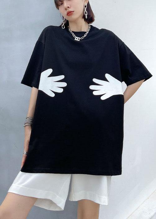 Plus Size Black O Neck Hug pattern Cotton Tee