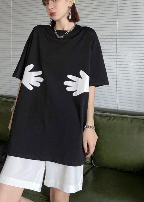 Plus Size Black O Neck Hug pattern Cotton Tee