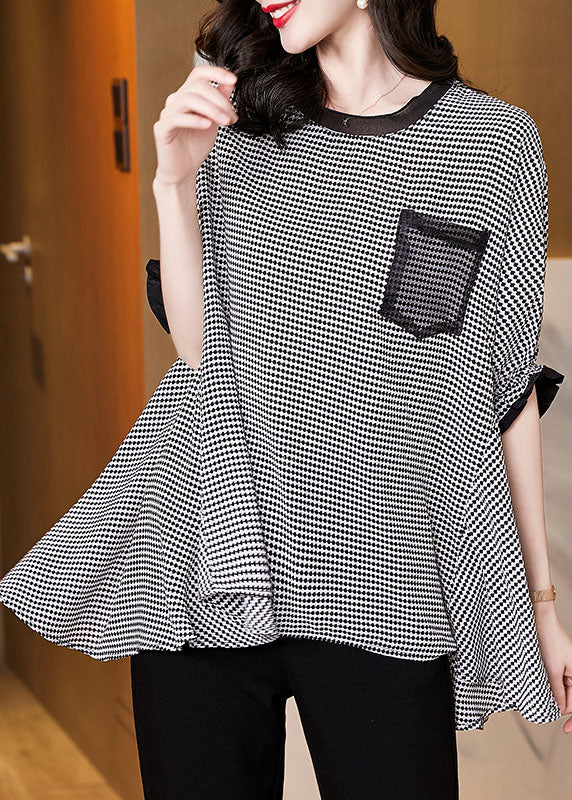 Plus Size Black O-Neck Plaid Patchwork Chiffon Tank Tops Short Sleeve