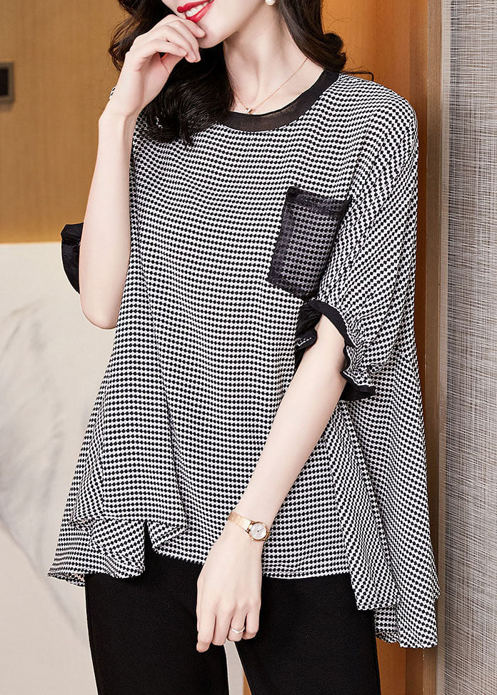 Plus Size Black O-Neck Plaid Patchwork Chiffon Tank Tops Short Sleeve