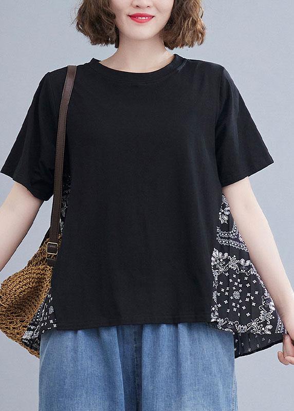 Plus Size Black Patchwork Print O-Neck Cotton Tops Summer