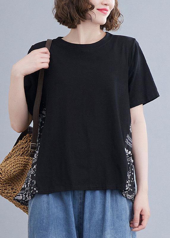 Plus Size Black Patchwork Print O-Neck Cotton Tops Summer