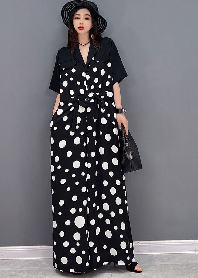 Plus Size Black Peter Pan Collar Dot Print Draping Chiffon Jumpsuits Short Sleeve