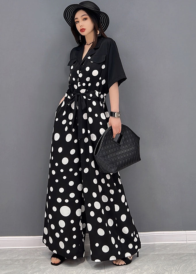 Plus Size Black Peter Pan Collar Dot Print Draping Chiffon Jumpsuits Short Sleeve