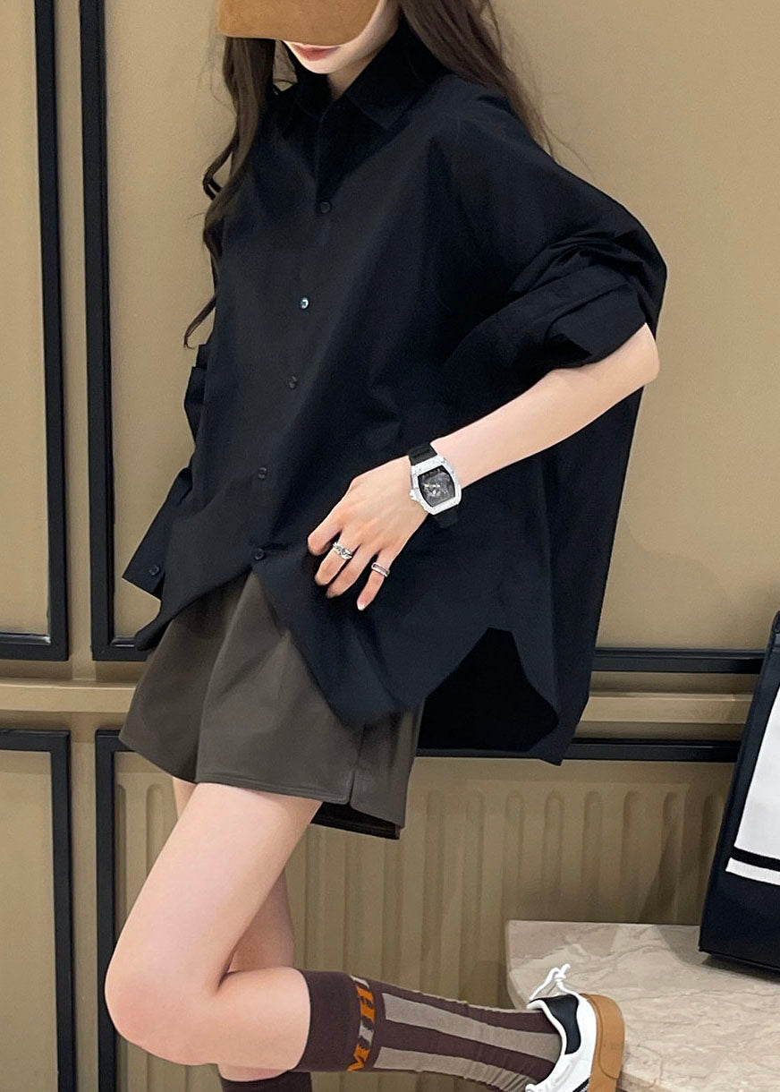 Plus Size Black Peter Pan Collar Side Open Shirt Long Sleeve