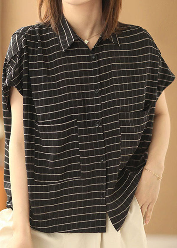 Plus Size Black Peter Pan Collar Striped Pockets Drawstring Blouse Top Short Sleeve