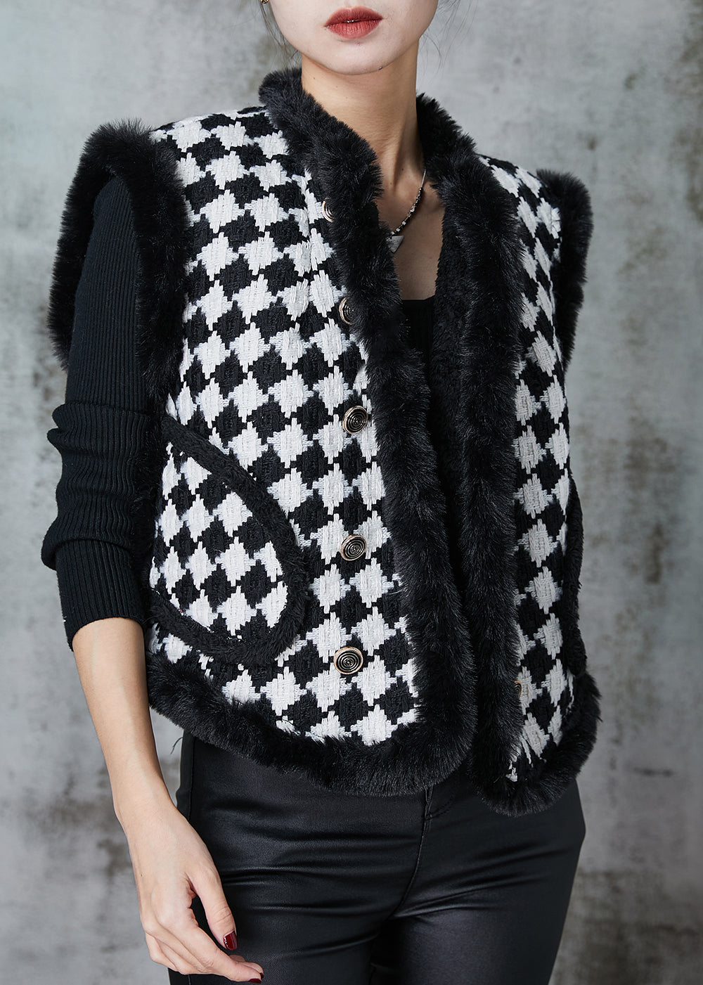 Plus Size Black Plaid Warm Fleece Vests Spring