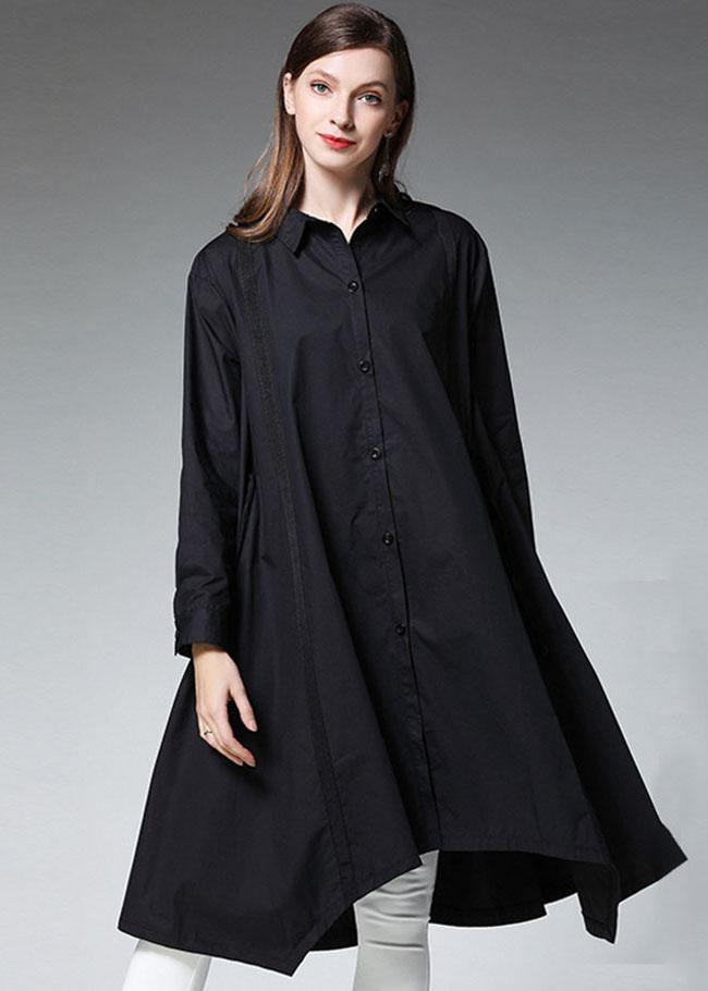 Plus Size Black Pockets Asymmetrical Design Fall Cotton Long Shirts Long sleeve