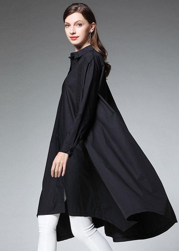 Plus Size Black Pockets Asymmetrical Design Fall Cotton Long Shirts Long sleeve