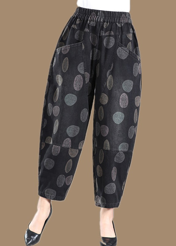 Plus Size Black Print Pockets Elastic Waist Lantern Denim Pants Fall