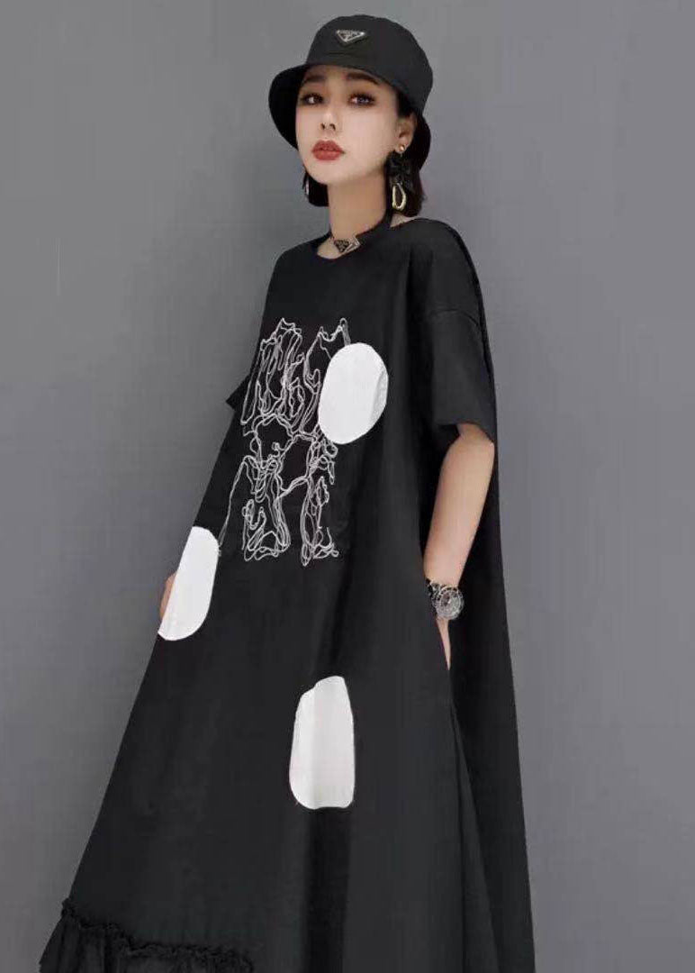 Plus Size Black Ruffled Patchwork Dot Print Cotton Streetwear Dresses Short Sleeve