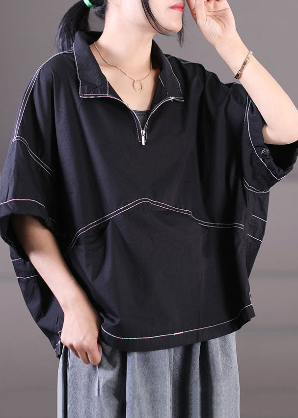 Plus Size Black Zip Up Drawstring Cotton Sweatshirt Streetwear Short Sleeve