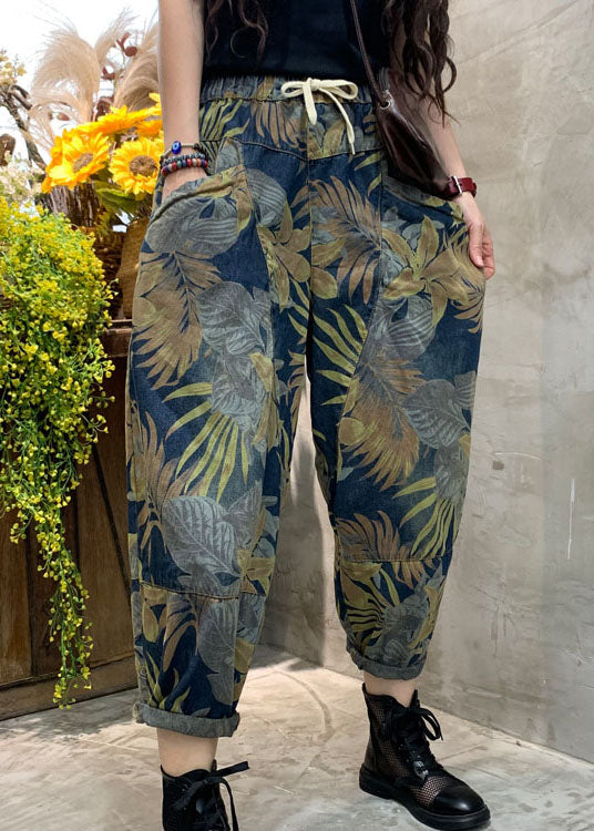 Plus Size Blue Cinched Print Patchwork denim Pants Spring