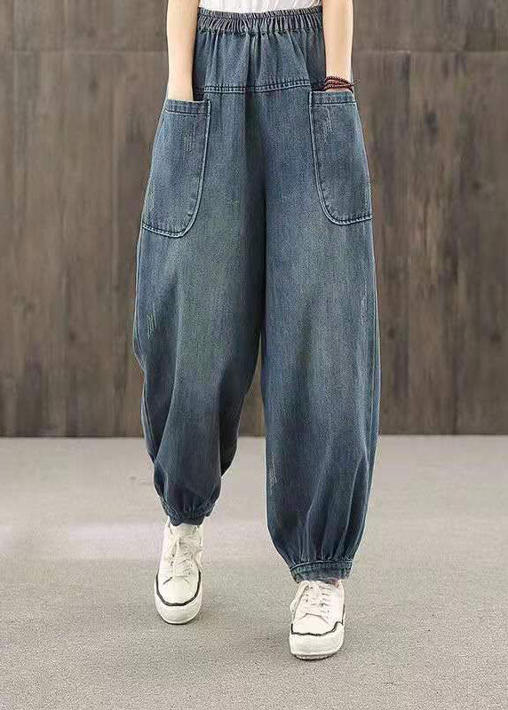 Plus Size Blue Elastic Waist Big Pockets Patchwork Cotton Denim harem Pants Summer