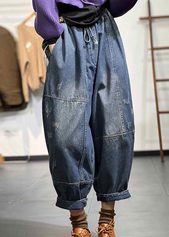 Plus Size Blue Elastic Waist Patchwork Drawstring Cotton Denim Pants Fall